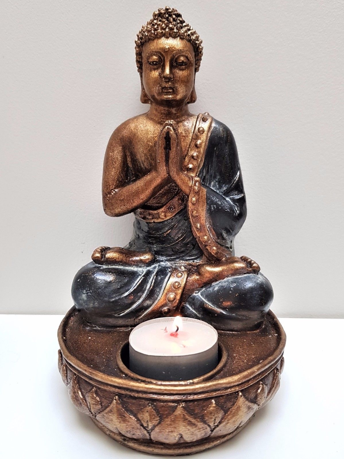 Calming Tea Light Holder Thai Buddha Figurine Black & Silver 